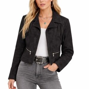 Odyn Black Faux Suede Fringe Western Motorcycle Jacket Womens XL Cropped Zip